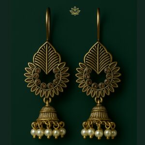 Gold Floral Jhumka with White Beads