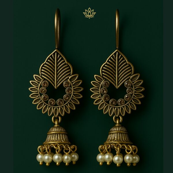 Gold Floral Jhumka with White Beads