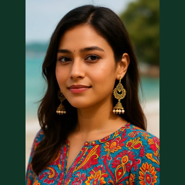 Gold Floral Jhumka with White Beads - Image 2