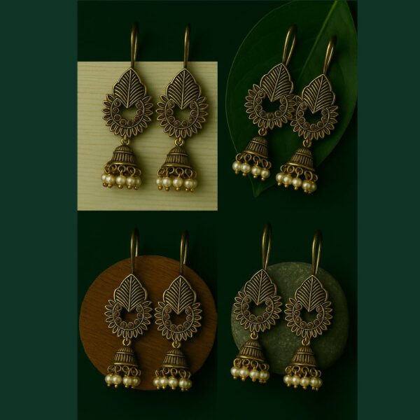 Gold Floral Jhumka with White Beads - Image 3